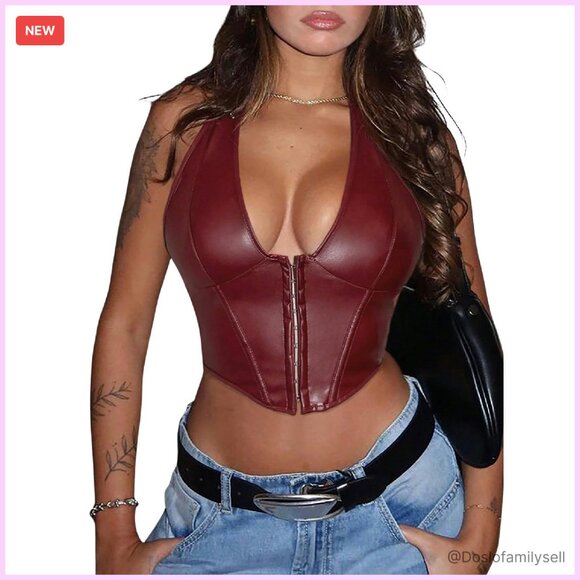 Tops - Y2K PU Leather Halter Neck Backless Crop Top Asymmetrical Party Wear